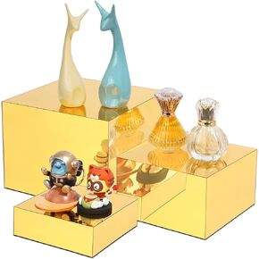 3 Pcs Acrylic Risers for Display, 8", 7", 6" Sizes Food Buffet Riser Acrylic Cube Box Nesting Display Risers, Acrylic Food Display Risers Acrylic Boxes Stand Shelf for Catering Dessert Collectibles Jewelry Figures Party (Gold)