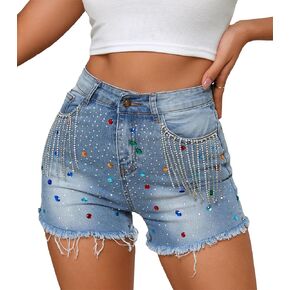 LifeShe Women's Rhinestone Denim Shorts Summer High Waist Fringe Tassel Frayed Hem Jean Shorts