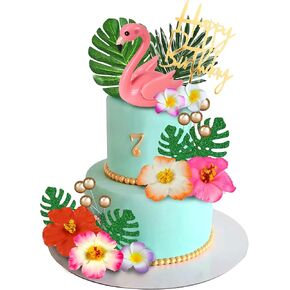 13 PCS Hawaiian Flower Cake Toppers Summer Cake Decoration with Palm Leaves and Hibiscus Flower for Hawaiian Aloha Flamingo Themed Party Supplies (Type 2)