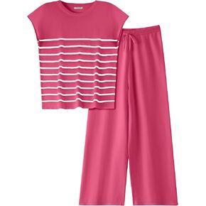 Ekouaer Lounge Set for Women 2 Piece Outfits Knit Sweater Sets Striped Top Wide Leg Long Pants Matching Pajamas Sets