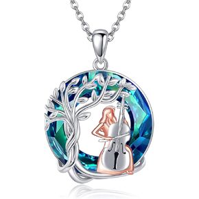 JERWLI Violin Flute Gifts Necklace 925 Sterling Silver Violin Flute Tree of Life Pendant Jewelry Music Gifts for Women Girl Violinist and Flute Lovers