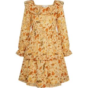 GRACE KARIN Girls Fall Dress Floral Long Sleeve Ruffle Square Neck Elastic Waist Tiered Layer Casual Dresses Size 5-12Y