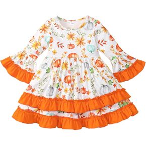 Little Girl Thanksgiving/Christmas Dress Pumpkin/Turkey/Santa Outfit Flared Sleeve Ruffled Dresses