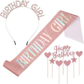WILLBOND Birthday Tiara and Sash Kit Girls Rhinestone Happy Birthday Crown Headband Cake Toppers Party Favors