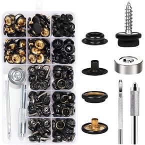 weiwei 173 PCS Canvas Snap Kit 2 Types Marine Grade 3/8" Socket Boat Snaps Buttons with Setting Tool Stainless Steel Heavy Duty Metal Snaps Fasteners Kit for Carpet Leather Fabric (Black, 50 Sets)
