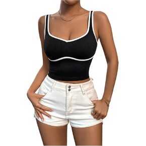 Floerns Women's Contrast Binding Spaghetti Strap Camisole Ribbed Knit Crop Cami Top