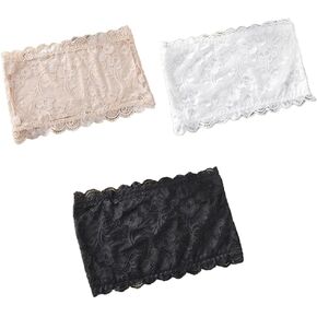 Women's Floral Lace Tube Top, Strapless Bras, Sexy Seamless Bandeau Off Shoulder Underwear Stretchy Chest Wrap Lingerie Bralette Crop Top Bustier 3pcs Black,White,Beige