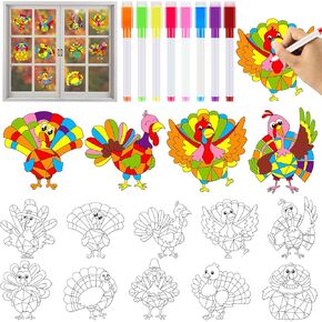 Qyeahkj 30 Set Thanksgiving Arts Crafts for Kids Turkey Suncatchers Craft Kit DIY Coloring Craft Window Cling Sticker with Markers Thanksgiving Theme Party Kids Gift for Home Classroom Decor