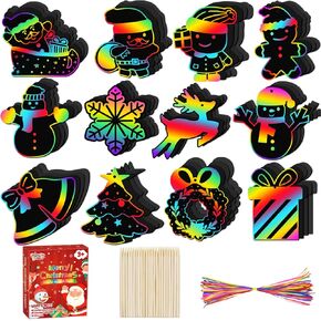 Christmas Scratch Paper Ornaments for Kids - 48Pcs Rainbow Scratch Off Note with Wooden Stylus Magic Color Art Crafts Bulk Gifts for Girls Boys Students Classroom Holiday Party Favors