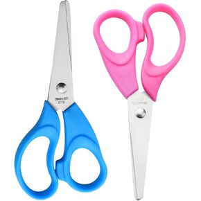 Kids Scissors, Blunt-Tip Scissors Stainless Steel Blades & plastic handle, Scissors for School or Crafting, Back to School Supplies,13.5cm, 2 Pack（Blue+Pink)