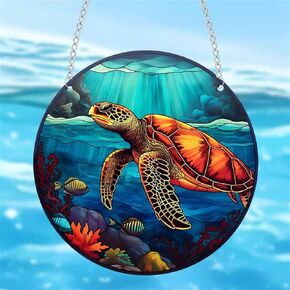 Sea Turtle Stained Acrylic Window Hanging Panels Indoor Outdoor Round Windows Hanger Kitchen Bedroom Garden Wall Art Decor Gifts for Women Mom Grandma Teacher