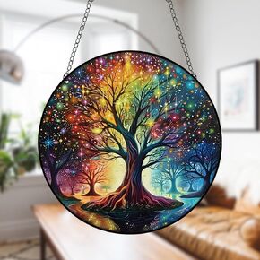 Generic 11.8 Inches Tree of Life Forest Acrylic Window Hanging Decor Stained Glass Panels Starry Sky Scenery Wall Art Mural for Bedroom Garden Wall Decoration Suncatcher Gift for Mom Grandma Teacher