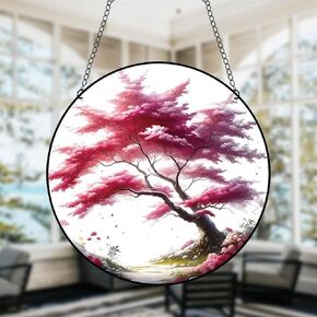 11.8 Inches Large Pink Leaf Tree Acrylic Window Hanging Decor Stained Glass Panels Pink Flowers Wall Art Mural for Bedroom Garden Wall Decoration Suncatcher Gift for Mom Grandma Teacher