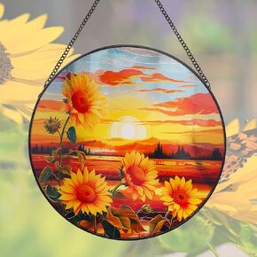 Sun Mountains Stained Glass Window Hanging, 9.8’’Sun Catcher Glass Panel Boho Wall Art Decor with Chain, Hand Painted Round Glass Gifts for Couples, Housewarming Gift