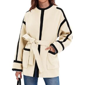 Cicy Bell Womens Oversized Open Front Pea Coats Contrast Trim Collarless Wool Peacoat 2024 Fall Jackets with Belt