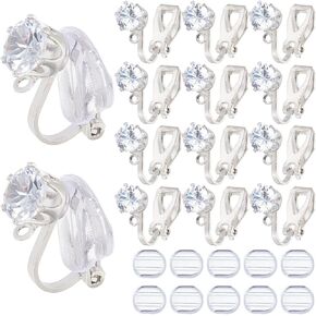 1 Box 32Pcs Earring Converter Silver Clip on Earrings Back Brass Triangle Earring Component with Crystal Rhinestone and Pads Non Pierced Earring Clips for Jewelry Making Supplies DIY Women