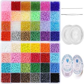 KERGAEN Total 16800pcs Size 3mm Seed Beads for Jewelry Making,8/0 Tiny Seed Beads Craft Beading Kit Set,260pcs Letter Alphabet Beads with Elastic String,Earring Hooks and Claw Clasps