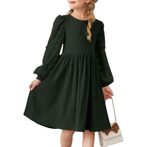 Girls Fall Long Sleeve Knit Dresses Casual Crewneck Swiss Dot A-line Dress 6-15 Years