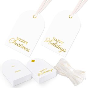 Whaline 100Pcs Merry Christmas Paper Gift Tags Gold Foil Xmas Mixed Hanging Label with Ribbon for Holiday Name Tags Present DIY Crafts, Double-Sided