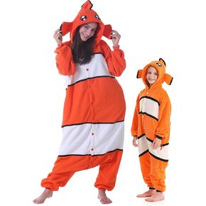 DELEY Unisex Kids Clownfish Onesie Pajamas, Flannel Animal One Piece Costume Sleepwear Halloween Cosplay Homewear Orange White