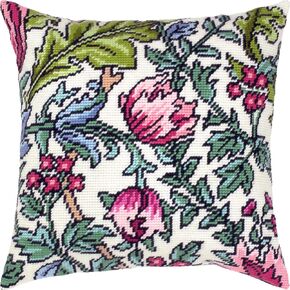 Floral Embroidery Kit for Adults and Beginners — Lodden. Carnations by William Morris 16″ × 16″ with Clear, Precise Printed Design on Cotton Canvas; Includes 2 Needles, Yarn, and Easy-Read Chart
