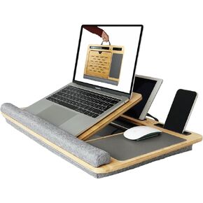 Bamboo Laptop Lap Desk with Cushion, Angle Adjustable Laptop Computer Stand Bed Desk, Portable Lap Desk w/Handles, Tablet & Phone Holder, Mouse Pad & Shields Heat (Black Sleeve Case Bag)