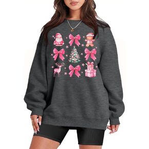 VILOVE Women Christmas Coquette Bow Sweatshirts: Aesthetic Christmas Shirts Xmas Long Sleeve Shirt Pink Bow Pullover Tops