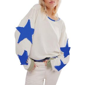 سويت شيرت نسائي كبير الحجم بأكمام طويلة وقميص Y2k Star وكتف منسدل وجرافيك عتيق بياقة دائرية
