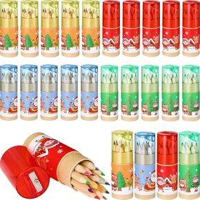 Zhanmai 24 Pack Christmas Mini Colored Pencils with Sharpener Colored Pencils Set Drawing Pencils with Storage Tube Cartoon Coloring Pencil School Supplies for Kids Adults Sketching Classroom Gifts