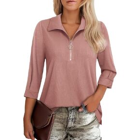 3/4 Length Sleeve Womens Tops Work Casual V Neck Collared Top Office Polo V Neck Fall Shirt Pink L