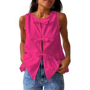 Cioatin Women Sleeveless Bow Tie Front Peplum Tank Tops Loose Fit Cut Out Cotton Babydoll Blouse Shirt Going Out Summer