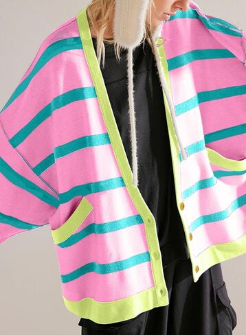 سترة Sidefeel النسائية لخريف 2024، معطف مفتوح من الأمام، مقاس كبير، مخطط، ملابس خارجية مكتنزة مع جيوب in Kuwait