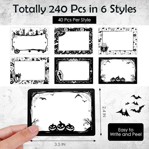 240 Pcs Halloween Name Tags for Kids Halloween Classroom Border Name Tag Gift Labels Clothing Labels Skull Witch Hat Spider Gift Stickers for Holiday Party Office Home, 3.5 x 2.4 in in Kuwait