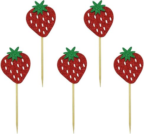XGNG 50PCS Strawberry Cupcake Toppers Glitter Birthday Strawberry Cupcake Picks Cupcake Decorations or Fruit Baby Shower Kids Birthday Summer Berry Cupcake Decorations Party Supplies in Saudi Arabia