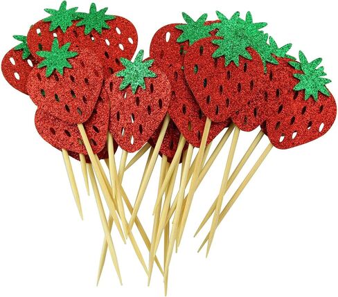 XGNG 50PCS Strawberry Cupcake Toppers Glitter Birthday Strawberry Cupcake Picks Cupcake Decorations or Fruit Baby Shower Kids Birthday Summer Berry Cupcake Decorations Party Supplies in Saudi Arabia