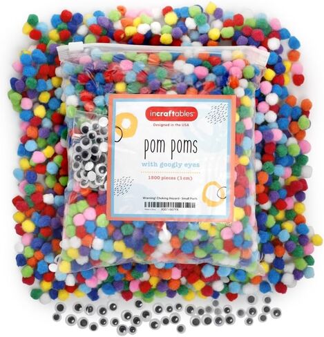 Incraftables 2000 Pcs Pom Poms with Googly Eyes & Glue Stick. Best Colored & Glitter Cotton 0.4 to 1.4 inch Balls for DIY Craft, Hats & Decorations. Multicolor Puffy Pompom Gift Set for Kids & Adults in Kuwait