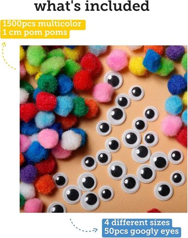 Incraftables 2000 Pcs Pom Poms with Googly Eyes & Glue Stick. Best Colored & Glitter Cotton 0.4 to 1.4 inch Balls for DIY Craft, Hats & Decorations. Multicolor Puffy Pompom Gift Set for Kids & Adults in Kuwait