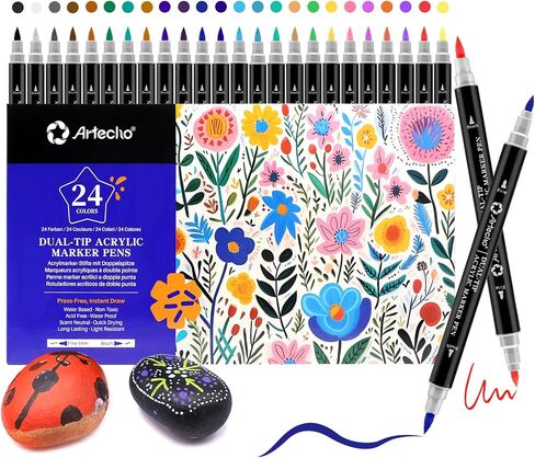 Artecho Acrylic Paint Pens 48 Colors, Dual Tip Acrylic Paint Markers with Brush Tip and Fine Tip for Rock Painting, Glass, Paper, Wood, Egg, Canvas, Ceramic, Fabric, leather, DIY Crafts in Saudi Arabia
