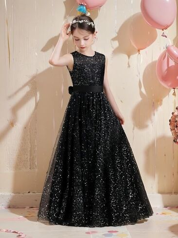 Sparkle Princess Black Tulle Sequins Dress for Little/Big Girls Holiday Party Gown in Saudi Arabia