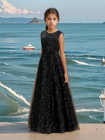 Sparkle Princess Black Tulle Sequins Dress for Little/Big Girls Holiday Party Gown in Saudi Arabia