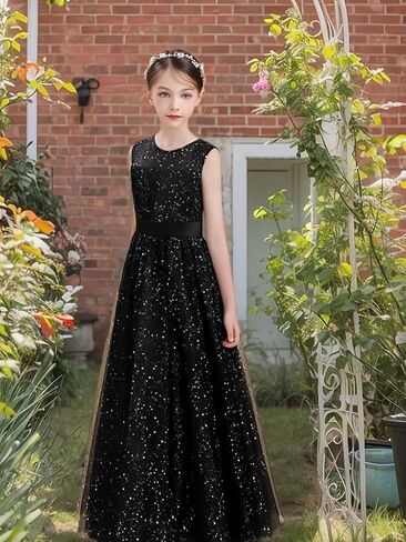 Sparkle Princess Black Tulle Sequins Dress for Little/Big Girls Holiday Party Gown in Saudi Arabia