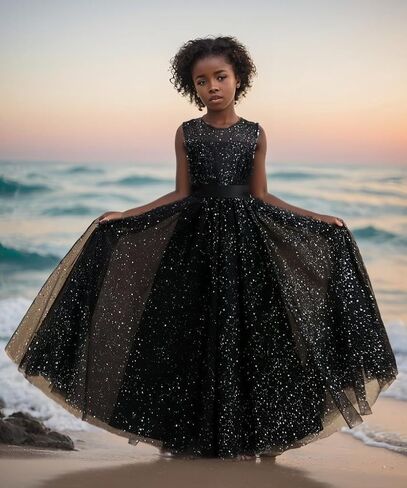 Sparkle Princess Black Tulle Sequins Dress for Little/Big Girls Holiday Party Gown in Saudi Arabia