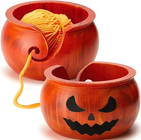 Sieral 2 جهاز كمبيوتر شخصى هالوين اليقطين الديكور الغزل السلطانية للكروشيه 6.5 × 6.5 × 3.9 بوصة وعاء الغزل الخشبي وعاء الحياكة حامل غزل الكروشيه لملحقات الكروشيه اليدوية هدايا الكروشيه، برتقالي in Kuwait