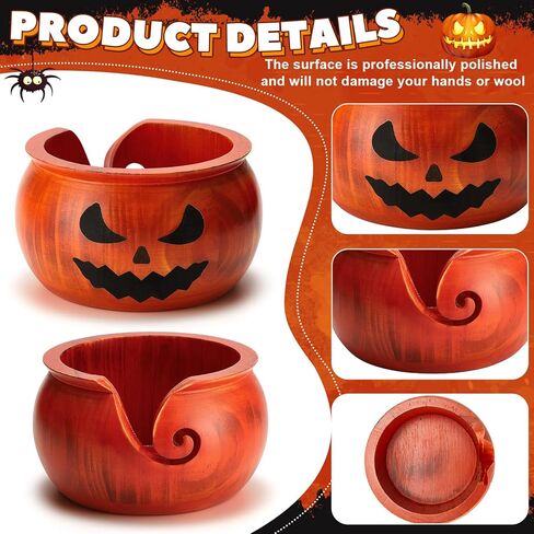 Sieral 2 جهاز كمبيوتر شخصى هالوين اليقطين الديكور الغزل السلطانية للكروشيه 6.5 × 6.5 × 3.9 بوصة وعاء الغزل الخشبي وعاء الحياكة حامل غزل الكروشيه لملحقات الكروشيه اليدوية هدايا الكروشيه، برتقالي in Kuwait