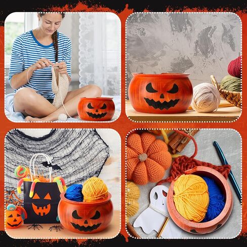 Sieral 2 جهاز كمبيوتر شخصى هالوين اليقطين الديكور الغزل السلطانية للكروشيه 6.5 × 6.5 × 3.9 بوصة وعاء الغزل الخشبي وعاء الحياكة حامل غزل الكروشيه لملحقات الكروشيه اليدوية هدايا الكروشيه، برتقالي in Kuwait