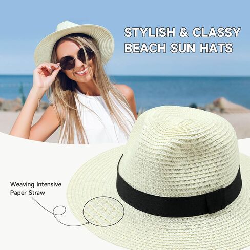 قبعات OZERO Sun Straw للنساء: قبعة شاطئ واسعة الحافة بعامل حماية من الشمس 50+ - قبعة بنما فيدورا الصيفية قابلة للطي in Saudi Arabia