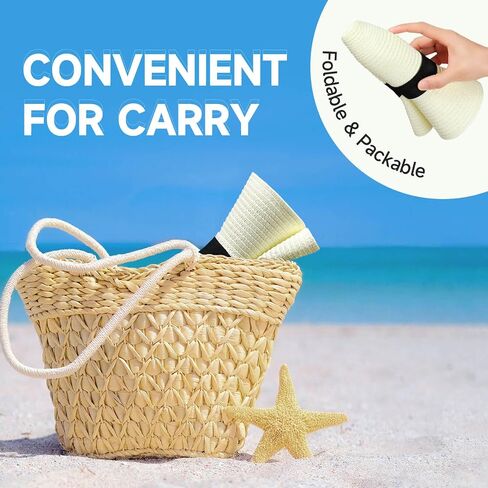 قبعات OZERO Sun Straw للنساء: قبعة شاطئ واسعة الحافة بعامل حماية من الشمس 50+ - قبعة بنما فيدورا الصيفية قابلة للطي in Saudi Arabia
