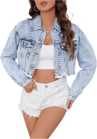 MakeMeChic Women's Cropped Frayed Denim Jean Jacket Button Down Denim Coat in Saudi Arabia