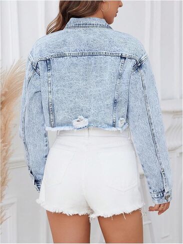 MakeMeChic Women's Cropped Frayed Denim Jean Jacket Button Down Denim Coat in Saudi Arabia