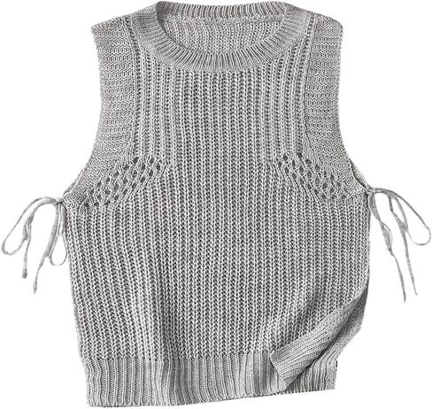MakeMeChic Women's Sleeveless Round Neck Drawstring Side Split Hem Knited Casual Sweater Vest in Saudi Arabia